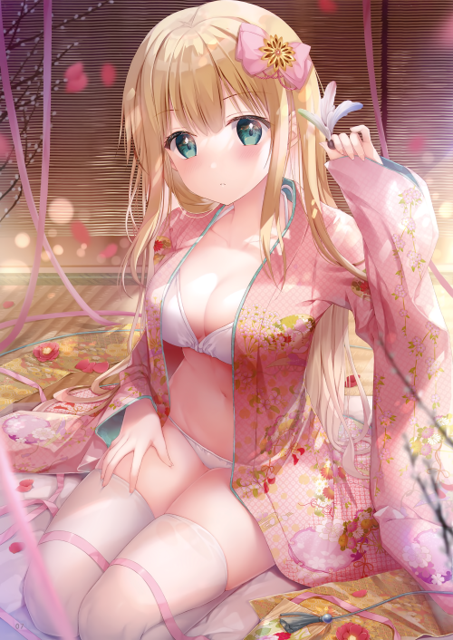 yande.re 791206 bra cleavage inagaki minami kimono open shirt pantsu thighhighs twinbox twinbox scho