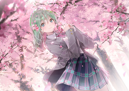 Konachan.com 325063 blue eyes blush cherry blossoms dsmile flowers green hair original school unifor