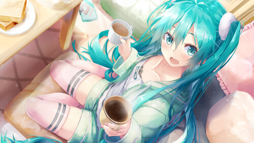 aqua eyes aqua hair daidou (demitasse) drink flat chest food hatsune miku hoodie long hair shorts th