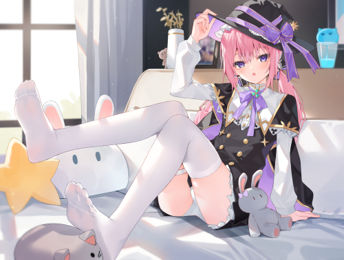 Konachan.com---353319-bed-bunny-hat-long_hair-original-panties-pink_hair-purple_eyes-thighhighs-twintails-underwear-upskirt-witch_hat-xiao_lin_jiu