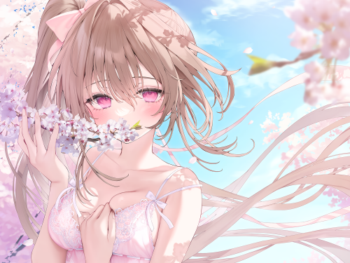 Konachan.com---354381-blush-breast_hold-breasts-brown_hair-cherry_blossoms-cleavage-flowers-jiiwara-long_hair-original-pink_eyes-ponytail