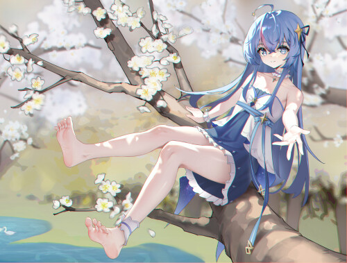 Konachan.com---355121-barefoot-blue_eyes-blue_hair-flat_chest-flowers-hundun_no_bifang-original-tree-water.jpeg
