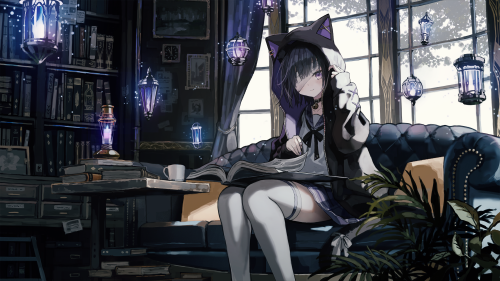 Konachan.com---355367-animal_ears-black_hair-book-couch-drink-eyepatch-hoodie-kurose_kiri-purple_eyes-school_uniform-scyze-thighhighs